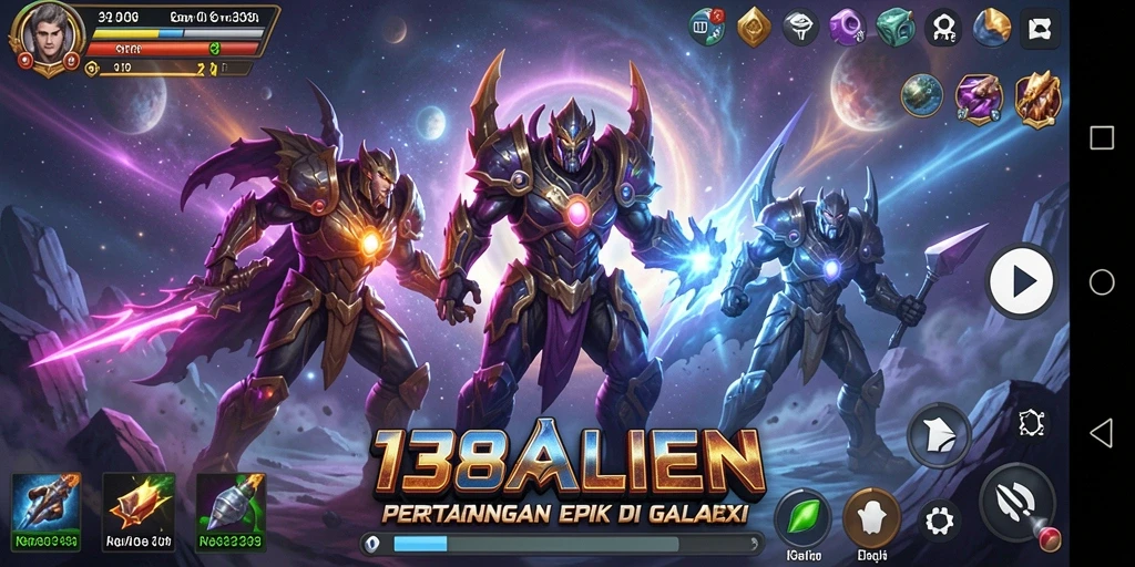 Screenshot menampilkan pertarungan seru di luar angkasa dalam 138ALIEN.