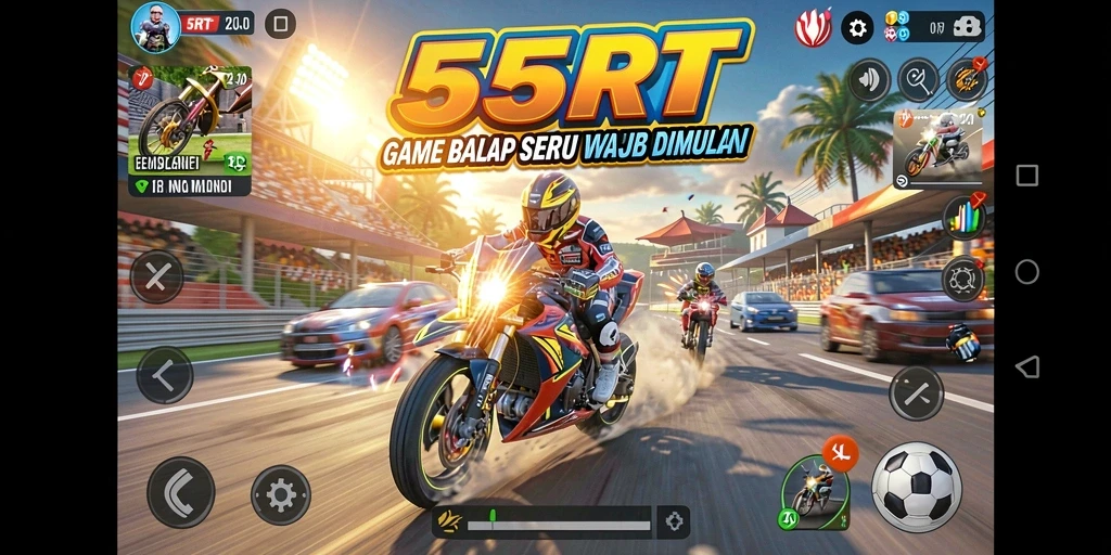 Tampilan utama gameplay <strong>55RT</strong> yang penuh aksi balap mendebarkan.