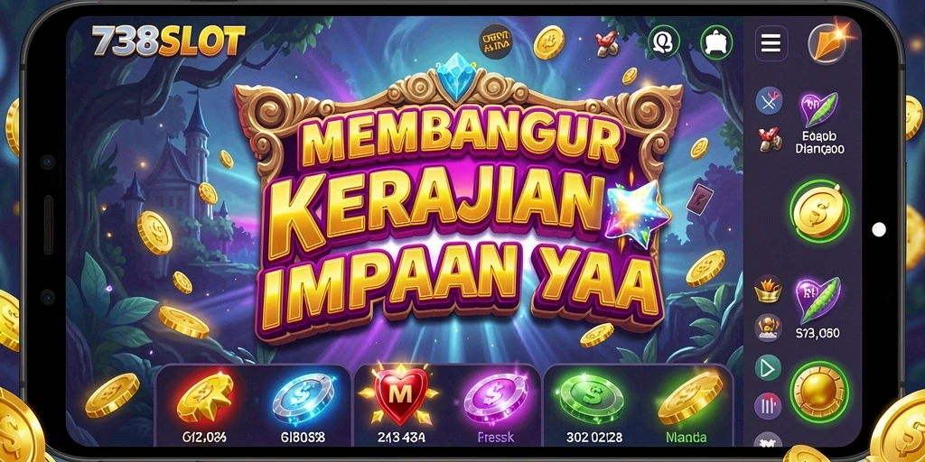Tampilan gameplay 738SLOT dengan mesin slot dan pengunjung kasino.