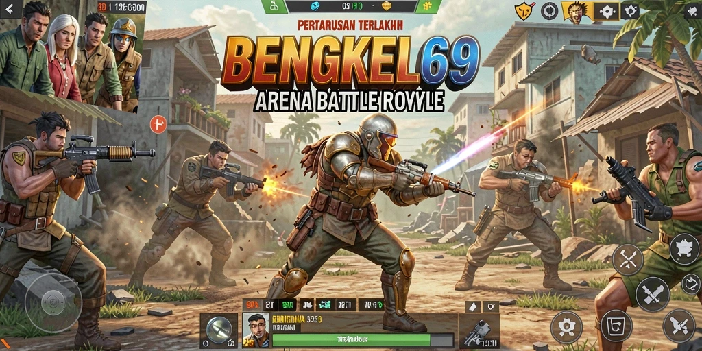 Tampilan aksi intens dalam gameplay BENGKEL69 di arena Battle Royale.