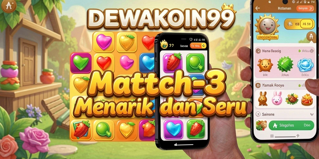 Tampilan gameplay DEWAKOIN99 dengan elemen Match-3 yang ceria.