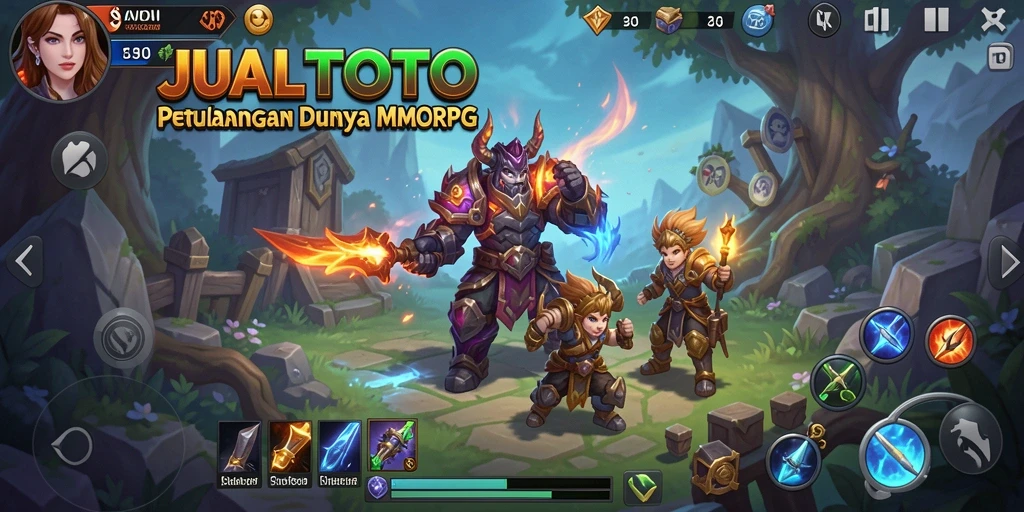 Screenshot gameplay JUALTOTO yang menampilkan pertarungan seru dan dunia yang indah.