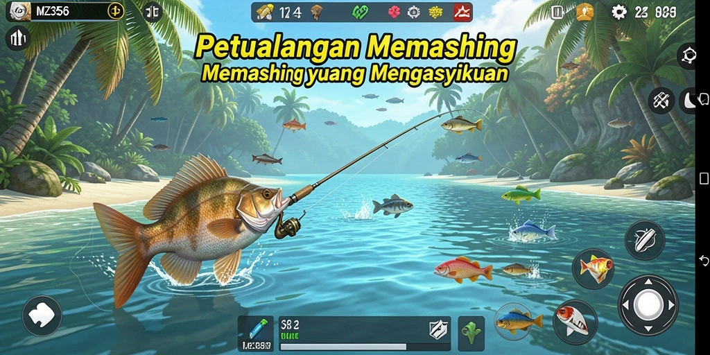 Screenshot MZ356 menampilkan aksi seru saat menangkap ikan.