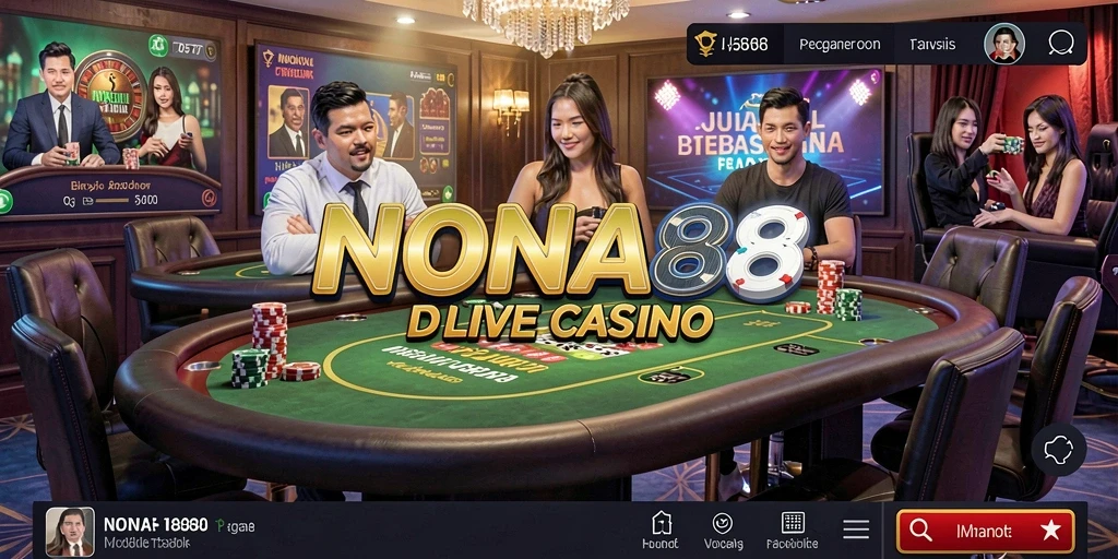 Screenshot gameplay <strong>NONA88</strong> menampilkan dealer langsung dan suasana kasino.