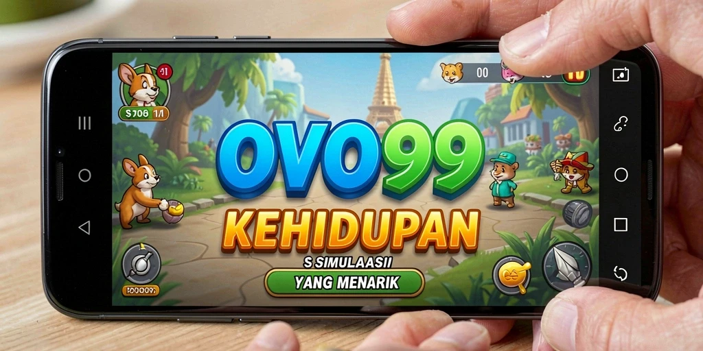 Screenshot gameplay OVO99 menampilkan karakter dalam berbagai aktivitas menarik.