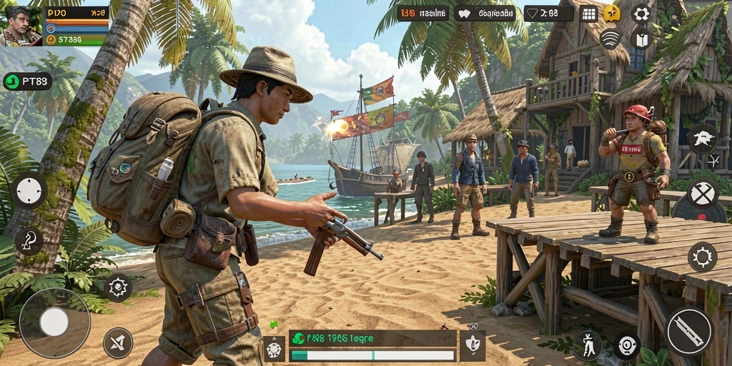 Screenshot utama PT89 menampilkan aksi petualangan di dunia terbuka.