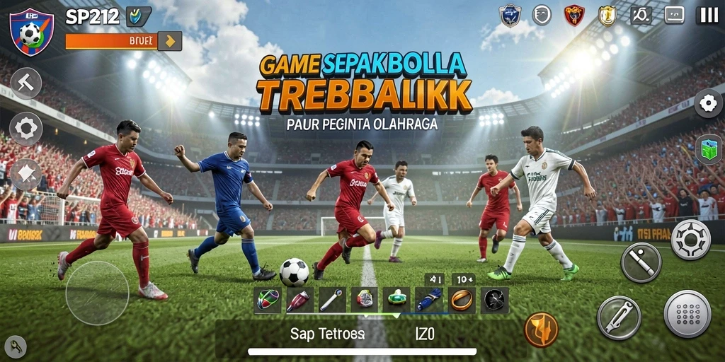 Tampilan dinamis dari gameplay sepak bola yang seru.