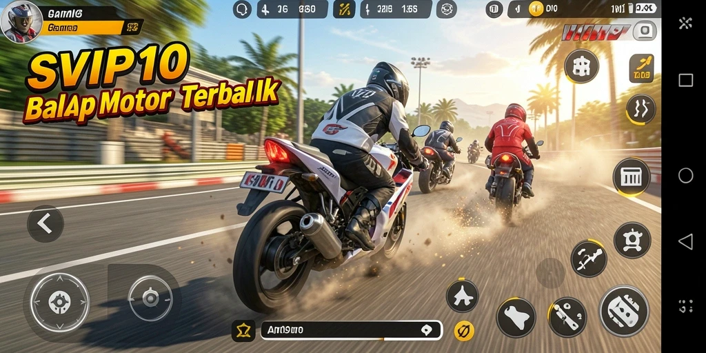 Tampilan gameplay balap motor yang intens dan mendebarkan.