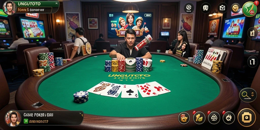 Screenshot utama UNGUTOTO menampilkan pemain poker yang sedang berkompetisi.