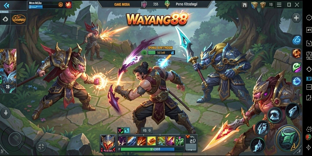 Tangkapan layar utama WAYANG88 menampilkan aksi seru di arena pertarungan MOBA.